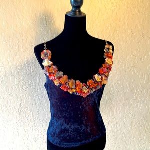 MK Solo Vintage Crushed Velvet Tank with Flowers & Crystal Detail SzM Dark Blue